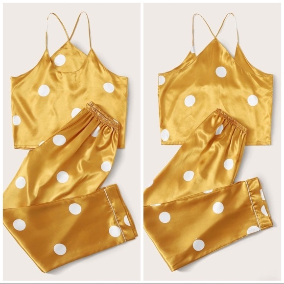 New Yellow Polka Dot Satin Silk-Like Pajama Set​ - Picture 2 of 4